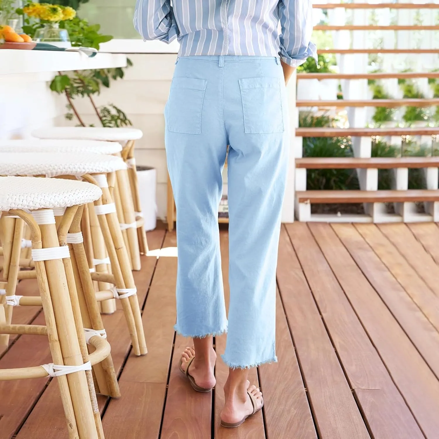 Wide Leg Linen Pants Women Cropped High Waisted Raw Hem Work Pants Summer Business Casual Capris with Pockets