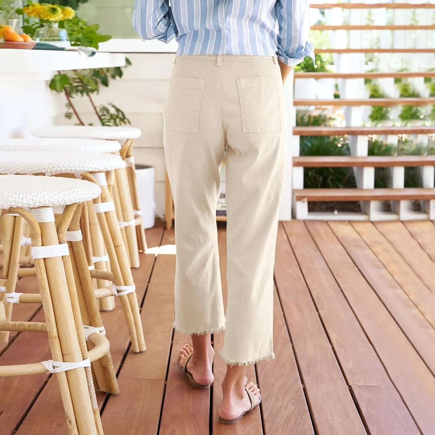 Wide Leg Linen Pants Women Cropped High Waisted Raw Hem Work Pants Summer Business Casual Capris with Pockets
