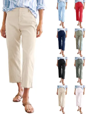 Wide Leg Linen Pants Women Cropped High Waisted Raw Hem Work Pants Summer Business Casual Capris with Pockets