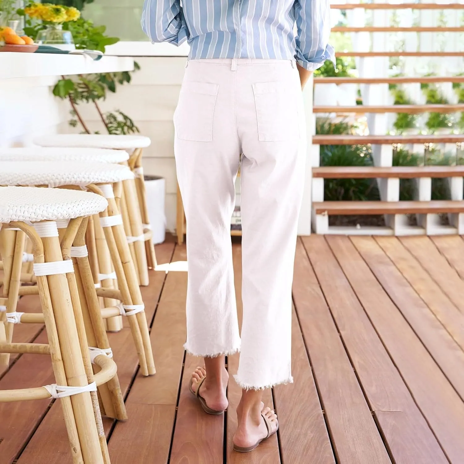 Wide Leg Linen Pants Women Cropped High Waisted Raw Hem Work Pants Summer Business Casual Capris with Pockets