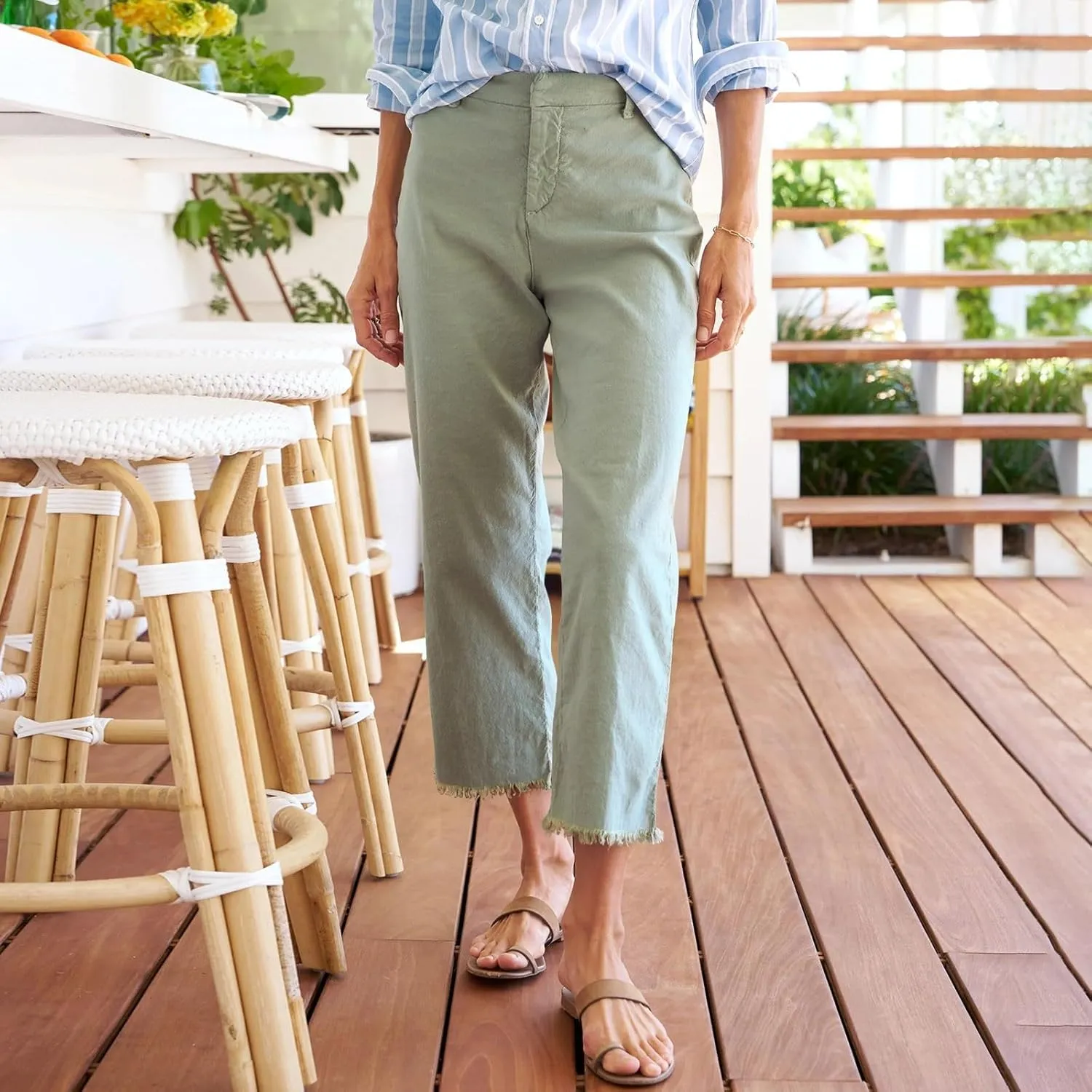 Wide Leg Linen Pants Women Cropped High Waisted Raw Hem Work Pants Summer Business Casual Capris with Pockets
