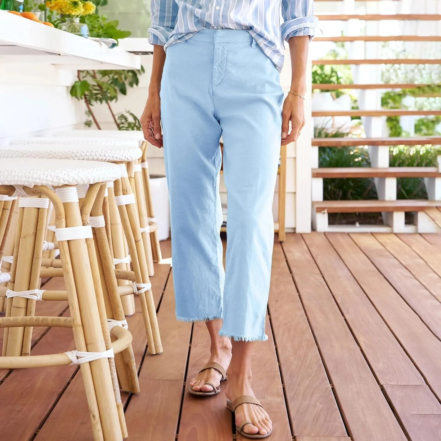 Wide Leg Linen Pants Women Cropped High Waisted Raw Hem Work Pants Summer Business Casual Capris with Pockets