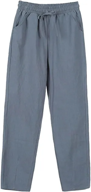 Wide Leg Pants for Women Summer Casual Drawstring Elastic Waist Cropped Pants Cotton Linen Trousers with Pockets