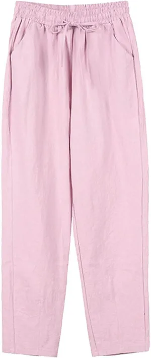 Wide Leg Pants for Women Summer Casual Drawstring Elastic Waist Cropped Pants Cotton Linen Trousers with Pockets
