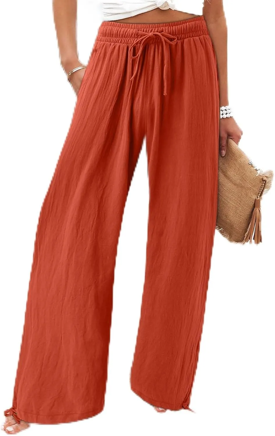 Wide Leg Pants Woman Linen High Waisted Solid Flowy Casual Baggy Drawstring Palazzo Trousers Pants with Pockets