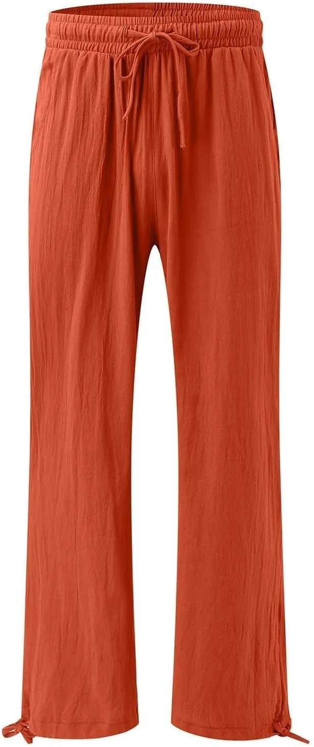 Wide Leg Pants Woman Linen High Waisted Solid Flowy Casual Baggy Drawstring Palazzo Trousers Pants with Pockets