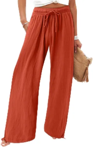 Wide Leg Pants Woman Linen High Waisted Solid Flowy Casual Baggy Drawstring Palazzo Trousers Pants with Pockets