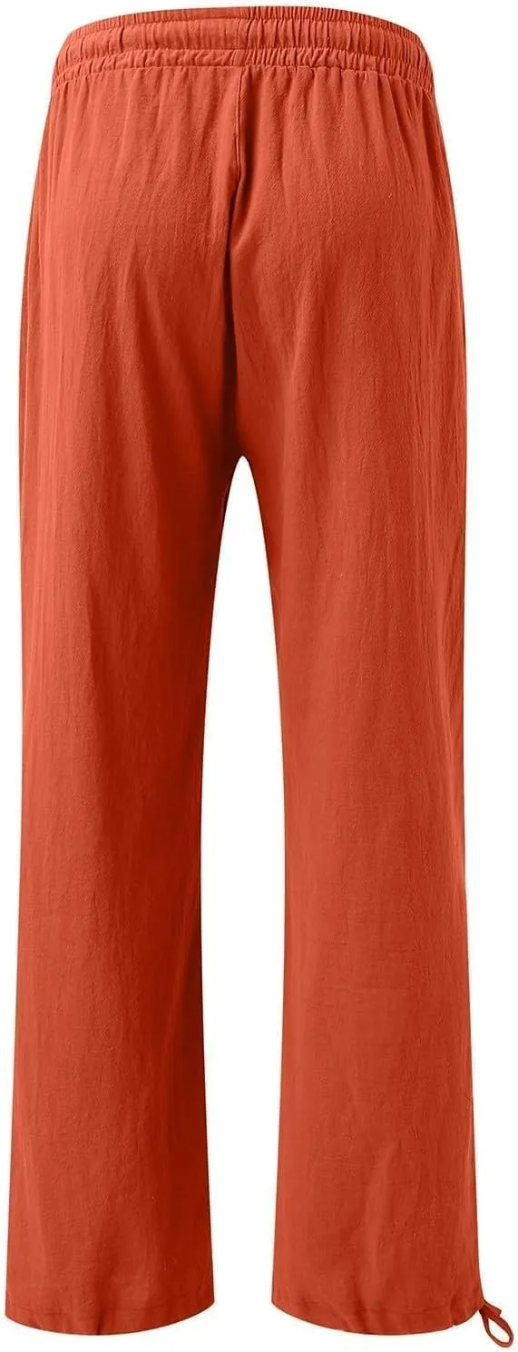 Wide Leg Pants Woman Linen High Waisted Solid Flowy Casual Baggy Drawstring Palazzo Trousers Pants with Pockets