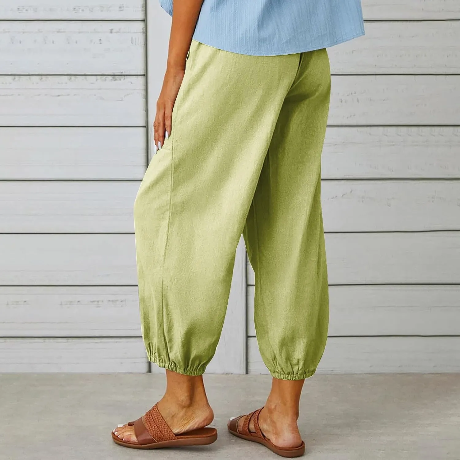 Women Capri Pants Casual Drawstring Elastic High Waist Baggy Cinch Bottom Pants Cropped Pants Trousers for Ladies