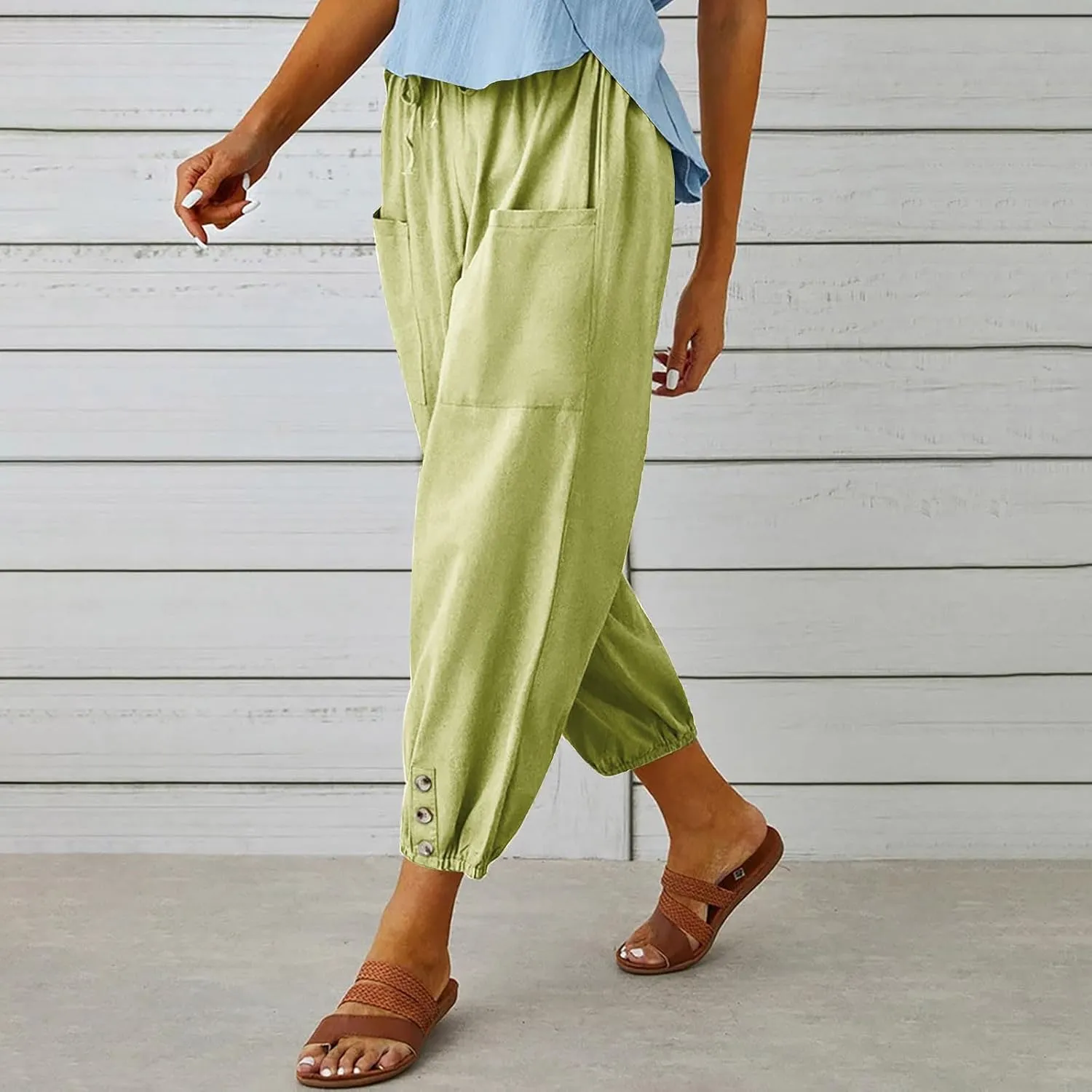 Women Capri Pants Casual Drawstring Elastic High Waist Baggy Cinch Bottom Pants Cropped Pants Trousers for Ladies