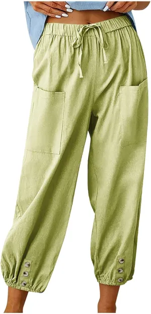 Women Capri Pants Casual Drawstring Elastic High Waist Baggy Cinch Bottom Pants Cropped Pants Trousers for Ladies