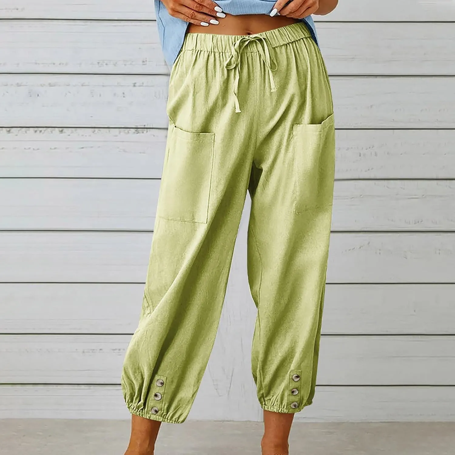 Women Capri Pants Casual Drawstring Elastic High Waist Baggy Cinch Bottom Pants Cropped Pants Trousers for Ladies