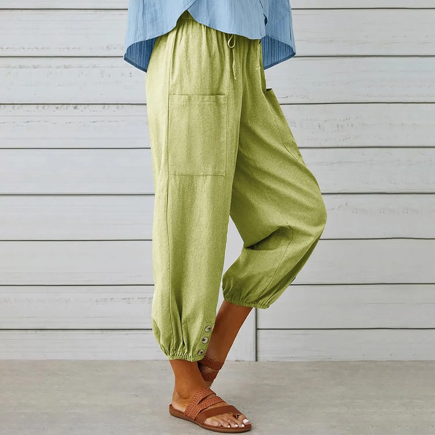Women Capri Pants Casual Drawstring Elastic High Waist Baggy Cinch Bottom Pants Cropped Pants Trousers for Ladies