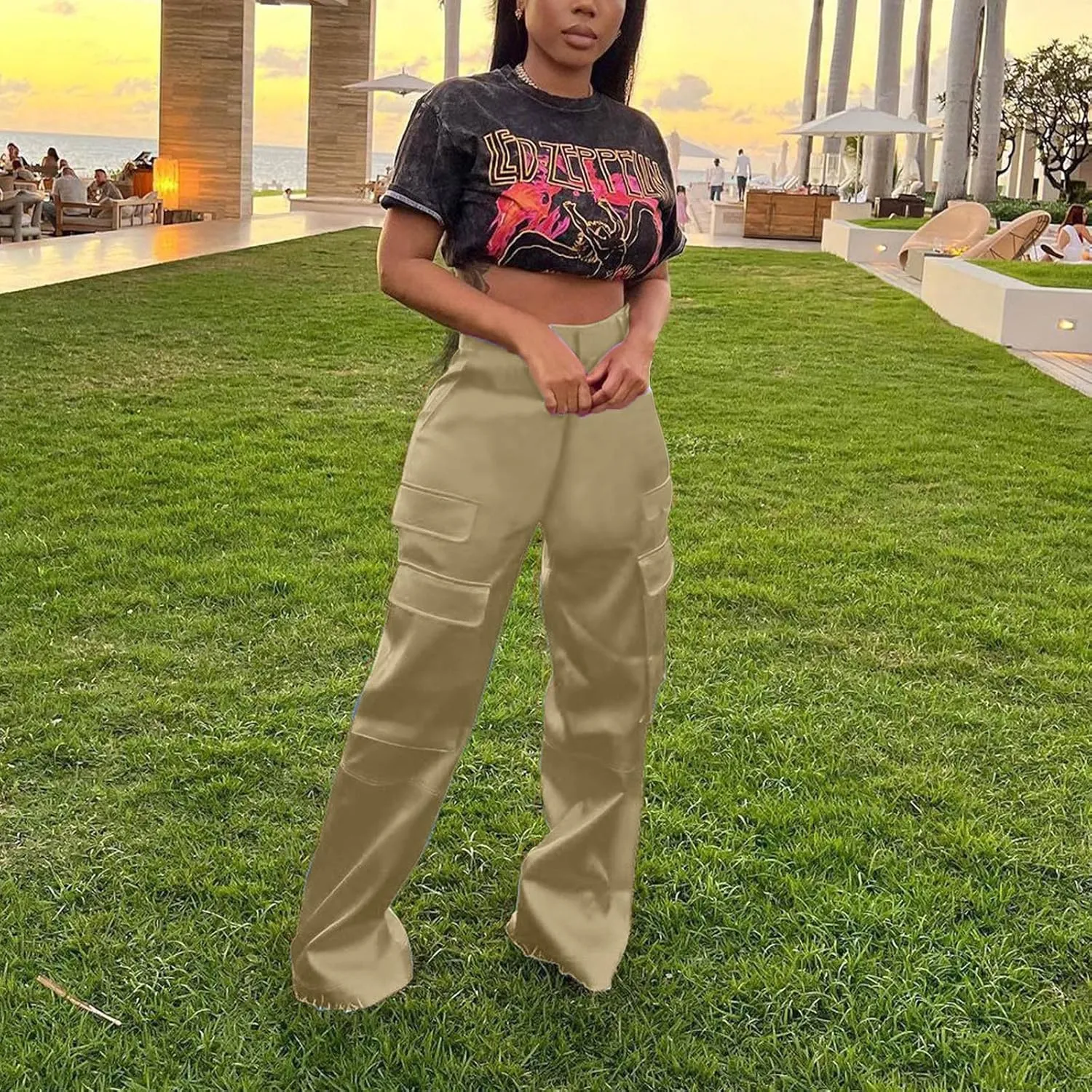 Women Cargo Pants High Waisted Joggers Soft Casual Baggy Sweatpants Wide Leg Straight Slacks Solid Trendy Trousers