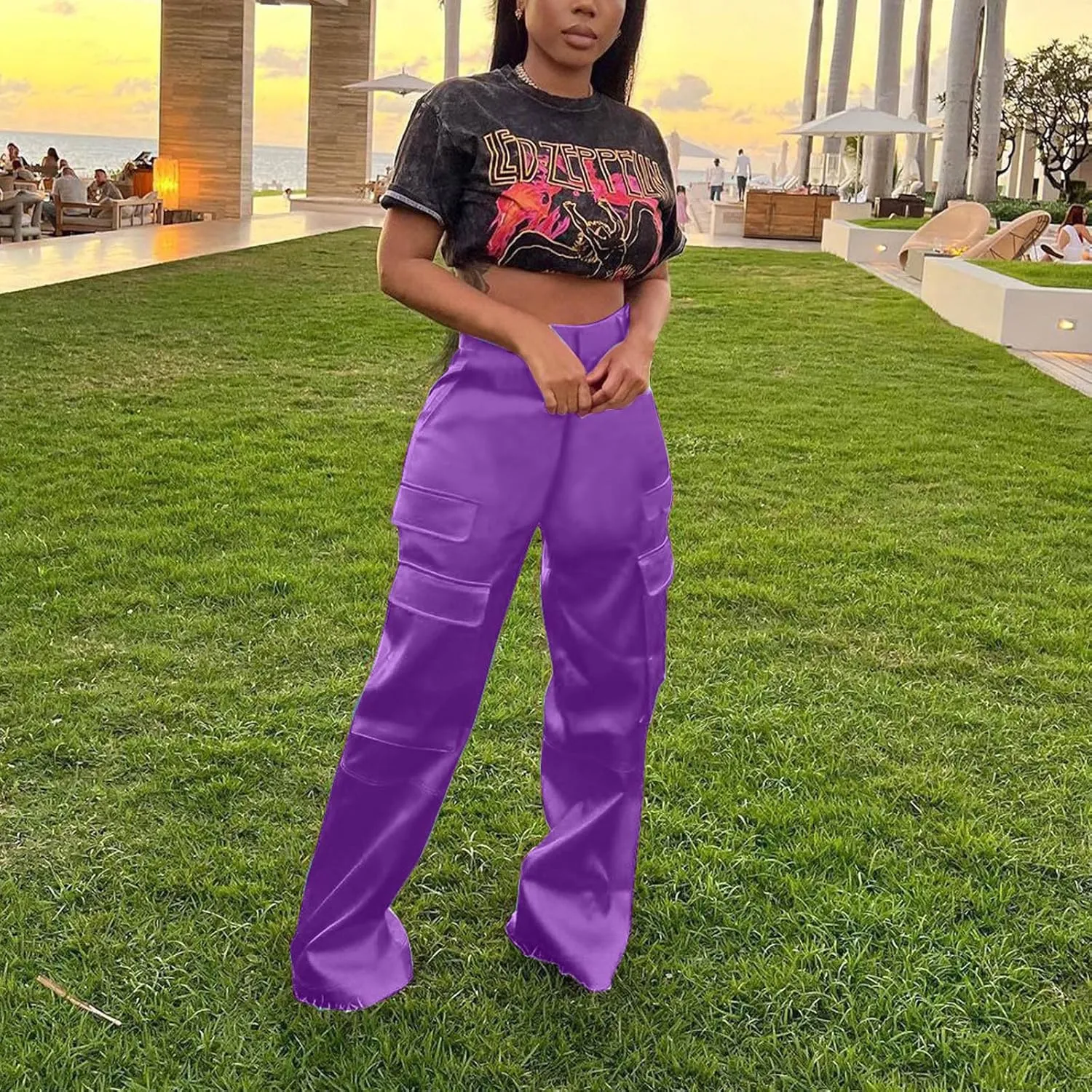 Women Cargo Pants High Waisted Joggers Soft Casual Baggy Sweatpants Wide Leg Straight Slacks Solid Trendy Trousers