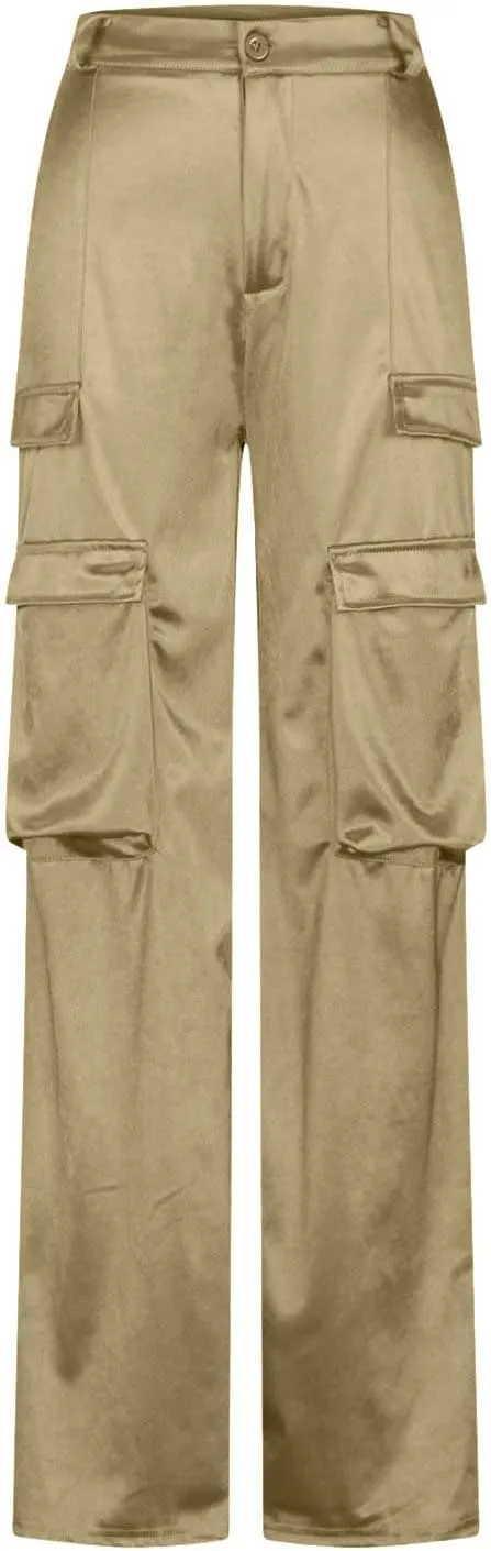 Women Cargo Pants High Waisted Joggers Soft Casual Baggy Sweatpants Wide Leg Straight Slacks Solid Trendy Trousers