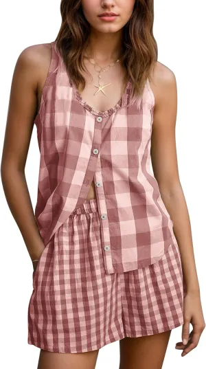 Women Gingham 2 Piece Shorts Sets Summer Matching Sets Button Down Sleeveless Tank Top Shorts Lounge Pajama Sets