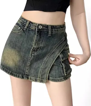 Women Jeans Skorts High Waisted Wrap Overlay Irregular Y2K Casual Summer Skort Skirts Vintage Denim Shorts Pockets
