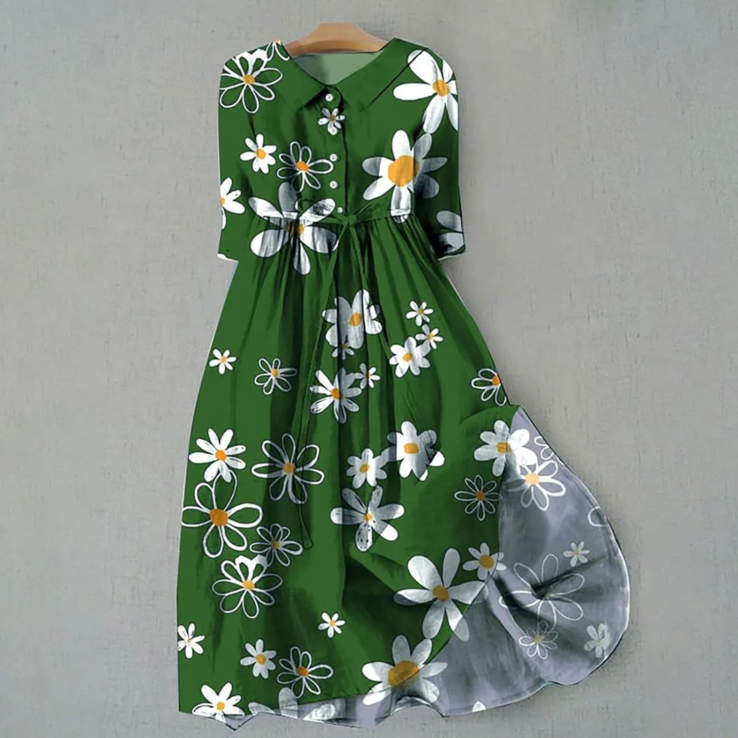 Women Korean Style Lace-Up Waist-Defined Henley Shirt Dress Summer Cotton Linen Half Sleeve Casual A-Line Dresses