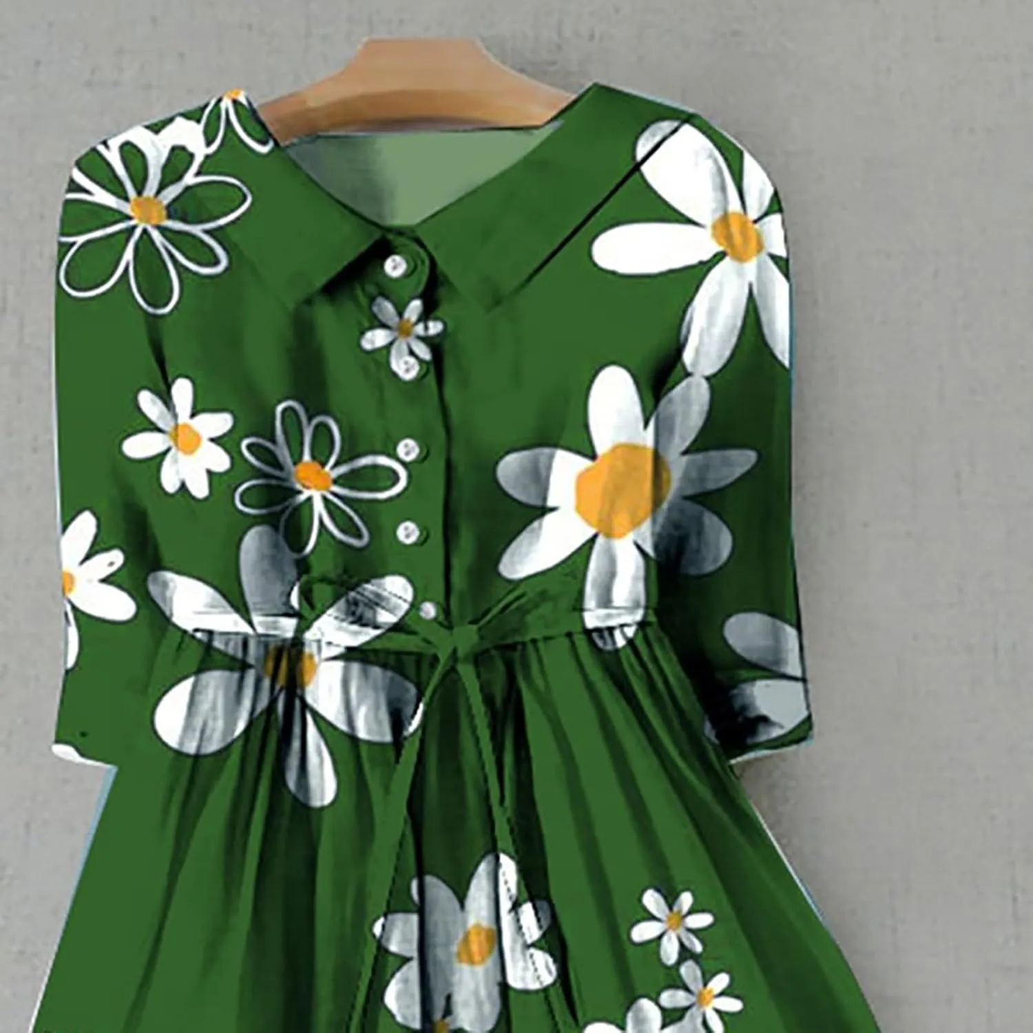 Women Korean Style Lace-Up Waist-Defined Henley Shirt Dress Summer Cotton Linen Half Sleeve Casual A-Line Dresses