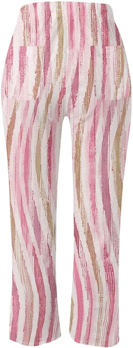 Women Linen Blend Summer Flowy Pants Elastic Waist Straight Loose Fit Pants Work Business