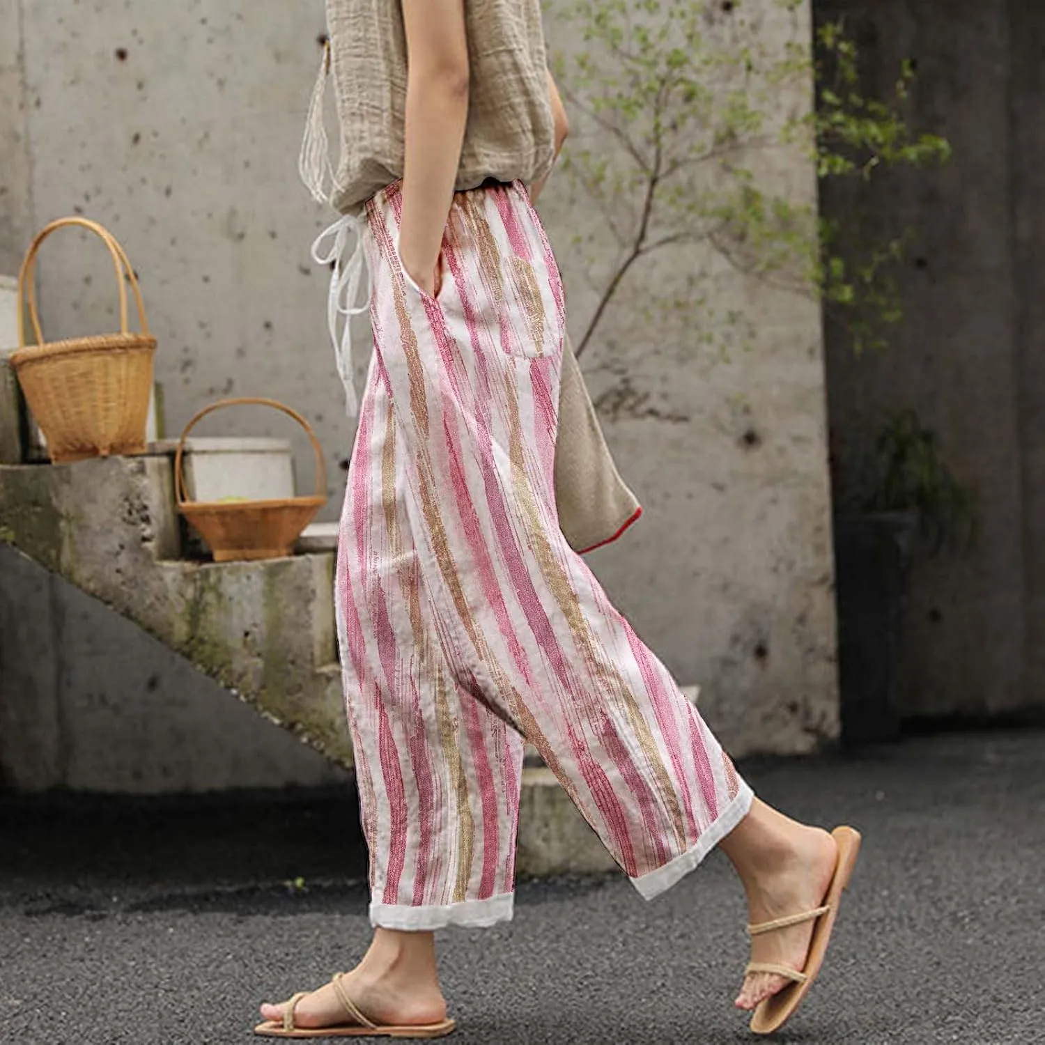 Women Linen Blend Summer Flowy Pants Elastic Waist Straight Loose Fit Pants Work Business