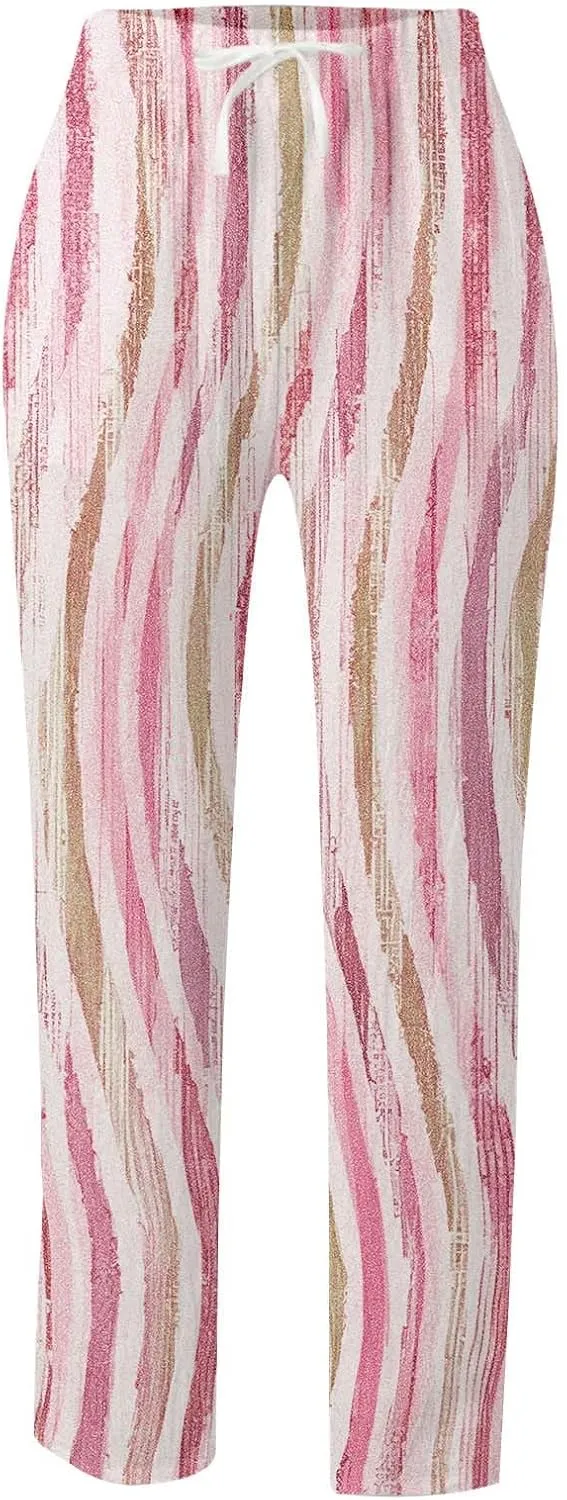 Women Linen Blend Summer Flowy Pants Elastic Waist Straight Loose Fit Pants Work Business