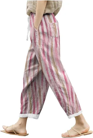 Women Linen Blend Summer Flowy Pants Elastic Waist Straight Loose Fit Pants Work Business