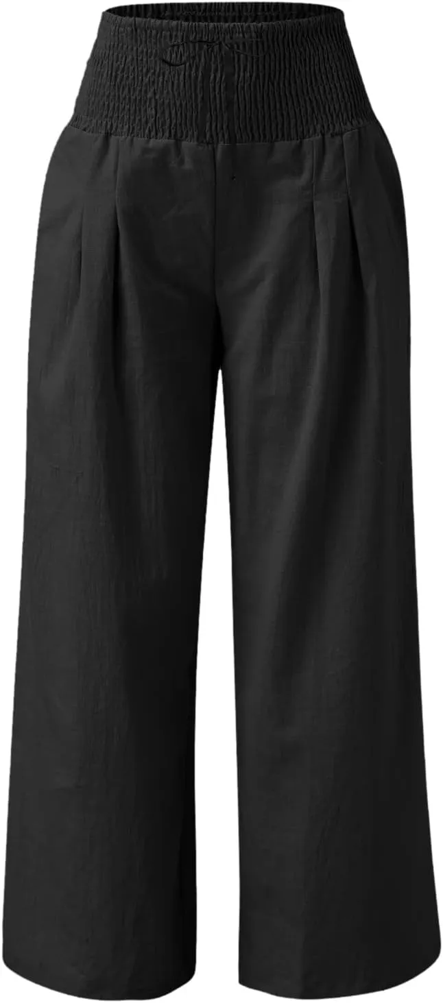 Women Linen Palazzo Pants Summer Boho Wide Leg High Waisted Casual Long Lounge Pants Beach Travel Vacation Trousers