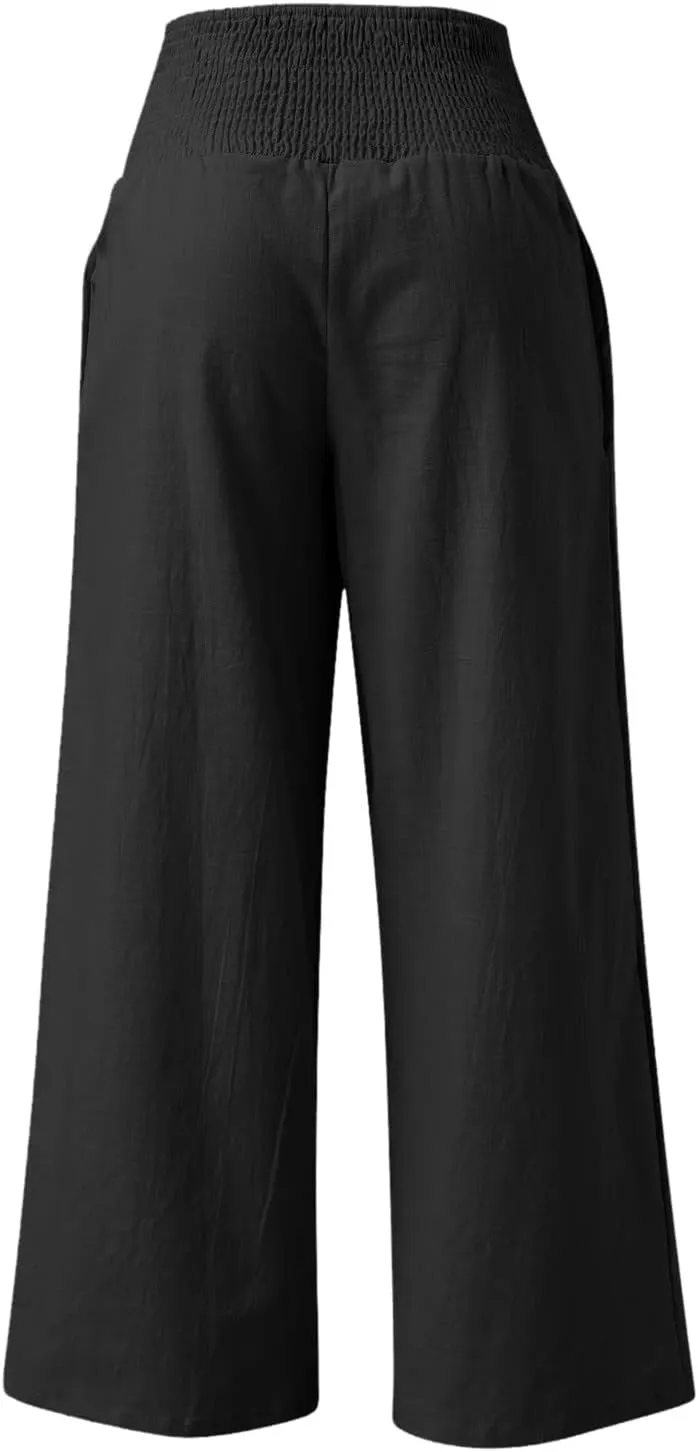 Women Linen Palazzo Pants Summer Boho Wide Leg High Waisted Casual Long Lounge Pants Beach Travel Vacation Trousers