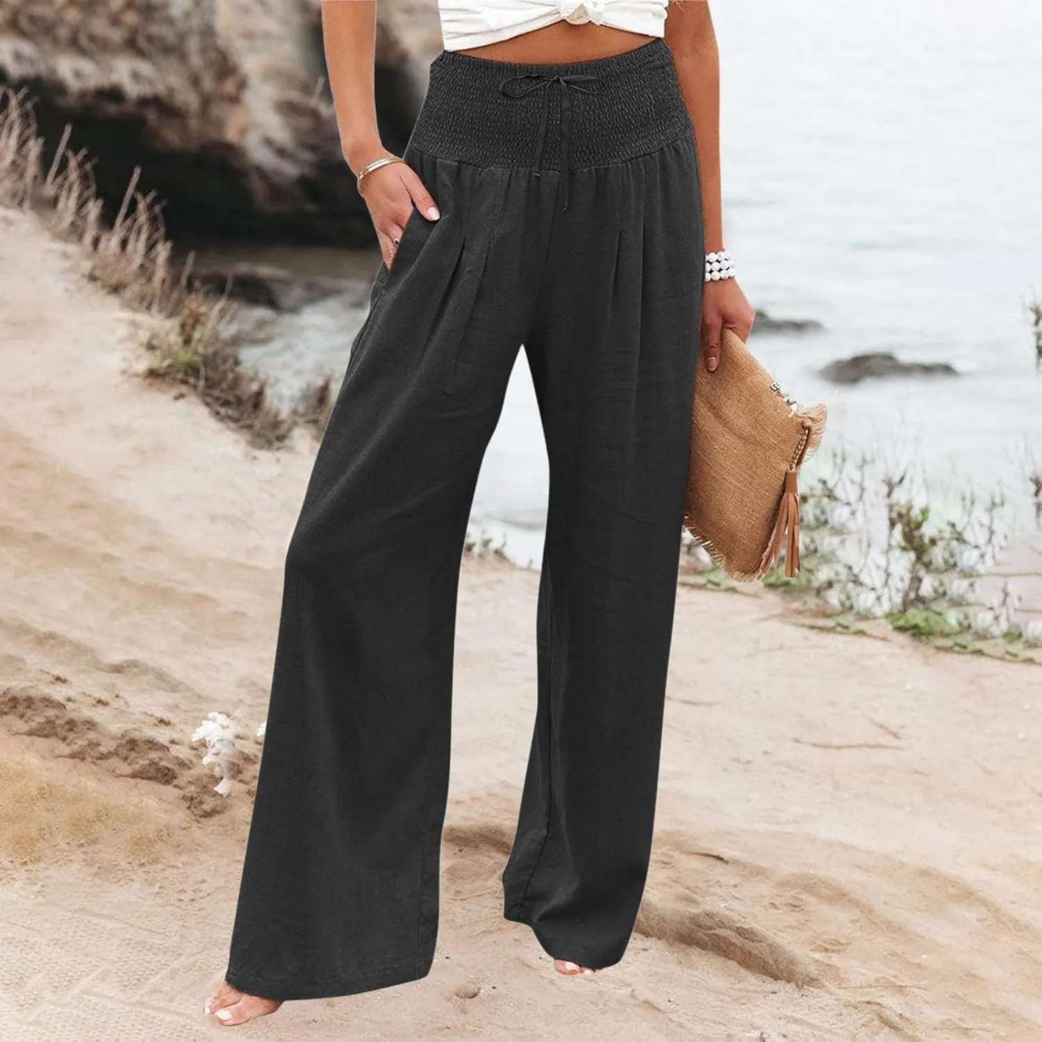 Women Linen Palazzo Pants Summer Boho Wide Leg High Waisted Casual Long Lounge Pants Beach Travel Vacation Trousers