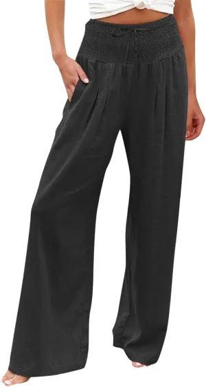 Women Linen Palazzo Pants Summer Boho Wide Leg High Waisted Casual Long Lounge Pants Beach Travel Vacation Trousers