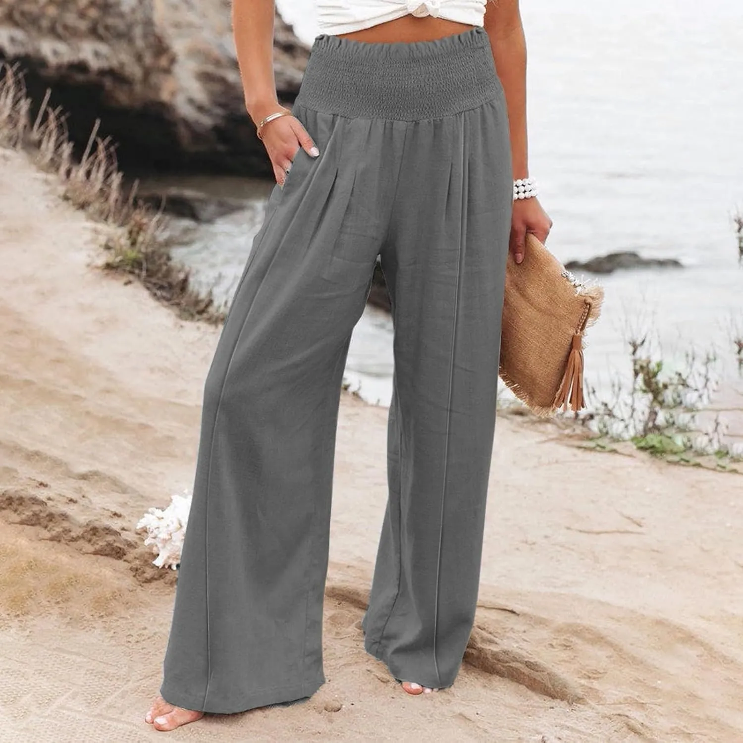 Women Linen Palazzo Pants Summer High Waisted Casual Wide Leg Long Lounge Beach Flowy Vintage Print Pant with Pocket