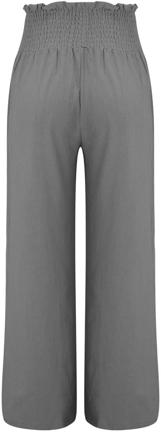 Women Linen Palazzo Pants Summer High Waisted Casual Wide Leg Long Lounge Beach Flowy Vintage Print Pant with Pocket