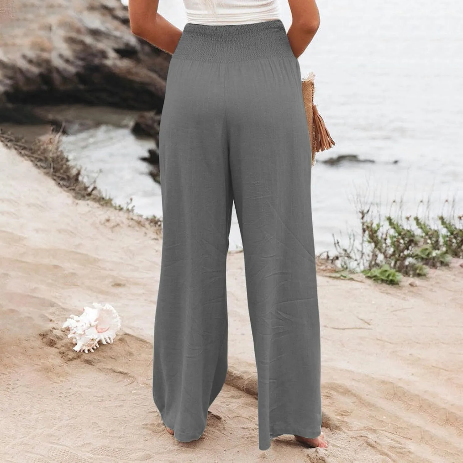 Women Linen Palazzo Pants Summer High Waisted Casual Wide Leg Long Lounge Beach Flowy Vintage Print Pant with Pocket