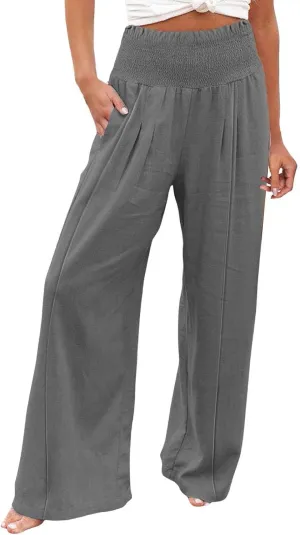 Women Linen Palazzo Pants Summer High Waisted Casual Wide Leg Long Lounge Beach Flowy Vintage Print Pant with Pocket