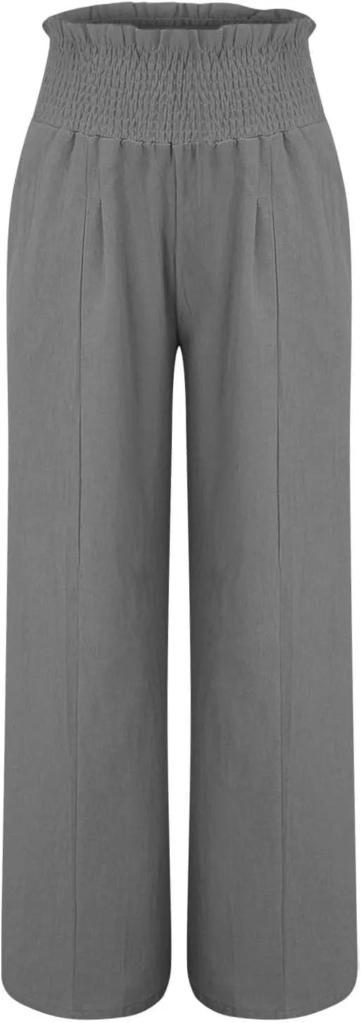Women Linen Palazzo Pants Summer High Waisted Casual Wide Leg Long Lounge Beach Flowy Vintage Print Pant with Pocket