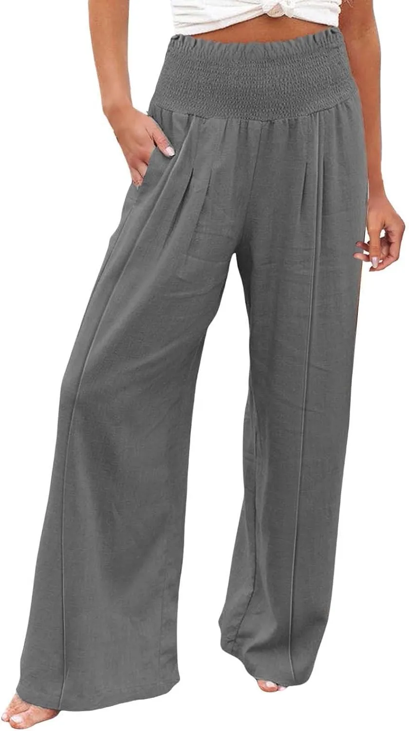 Women Linen Palazzo Pants Summer High Waisted Casual Wide Leg Long Lounge Beach Flowy Vintage Print Pant with Pocket