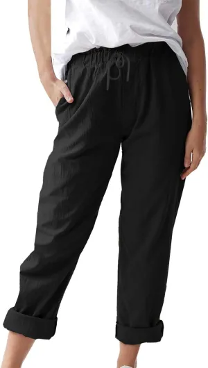 Women Linen Pant Summer Casual Roll Up Straight Leg Trousers Elastic Waist Drawstring Slacks Lounge Pants with Pocket