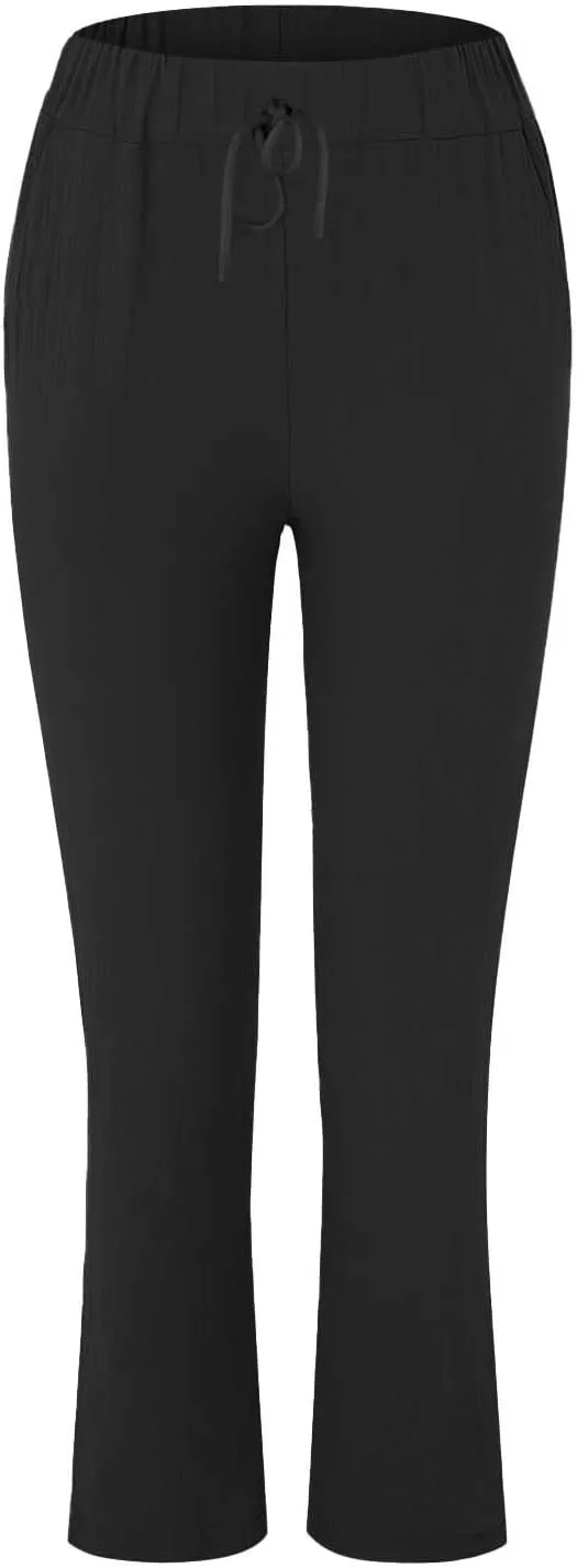 Women Linen Pant Summer Casual Roll Up Straight Leg Trousers Elastic Waist Drawstring Slacks Lounge Pants with Pocket
