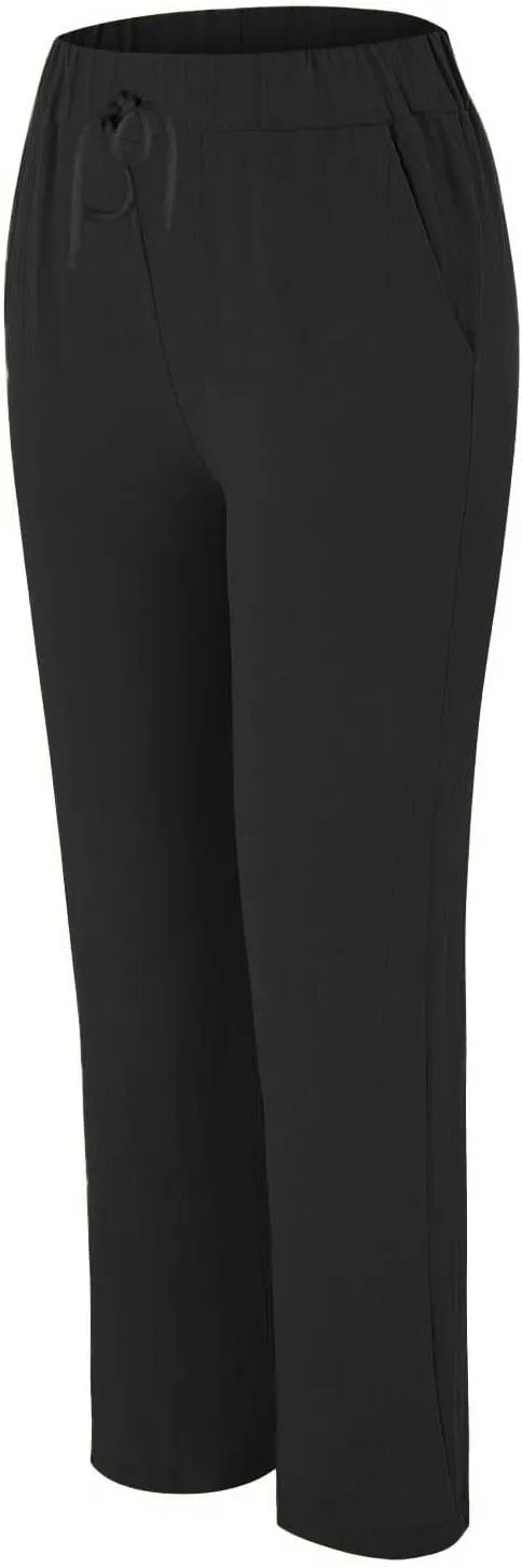 Women Linen Pant Summer Casual Roll Up Straight Leg Trousers Elastic Waist Drawstring Slacks Lounge Pants with Pocket