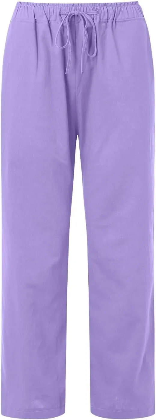 Women Linen Summer Boho Palazzo Lounge Pants Elastic Waisted Ankle Length Plus Size Trouser Work Business