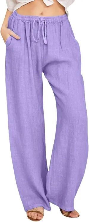 Women Linen Summer Boho Palazzo Lounge Pants Elastic Waisted Ankle Length Plus Size Trouser Work Business