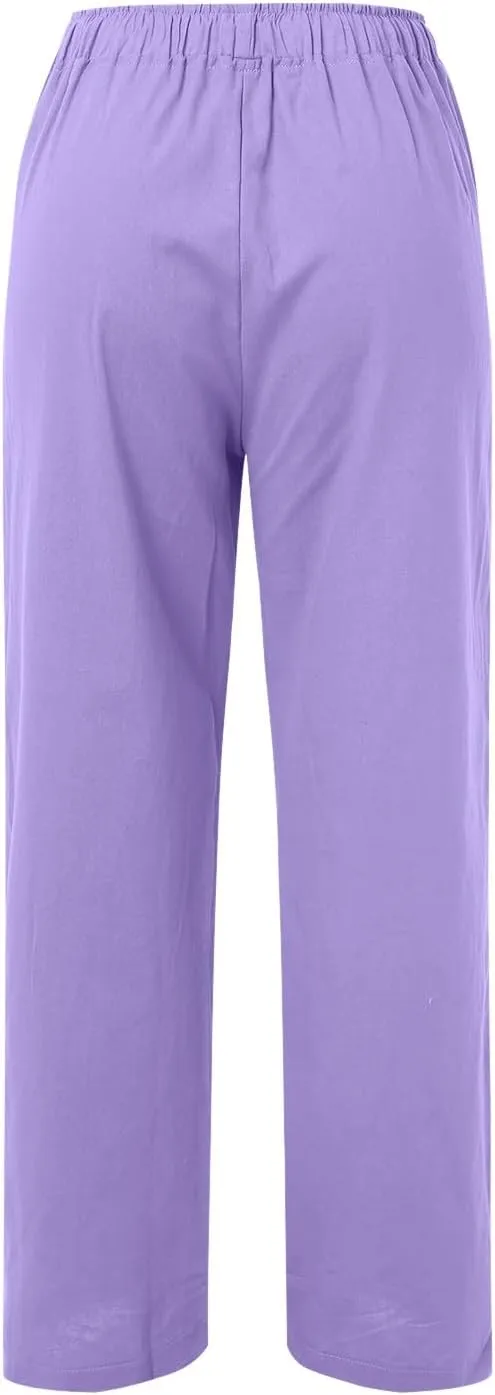 Women Linen Summer Boho Palazzo Lounge Pants Elastic Waisted Ankle Length Plus Size Trouser Work Business