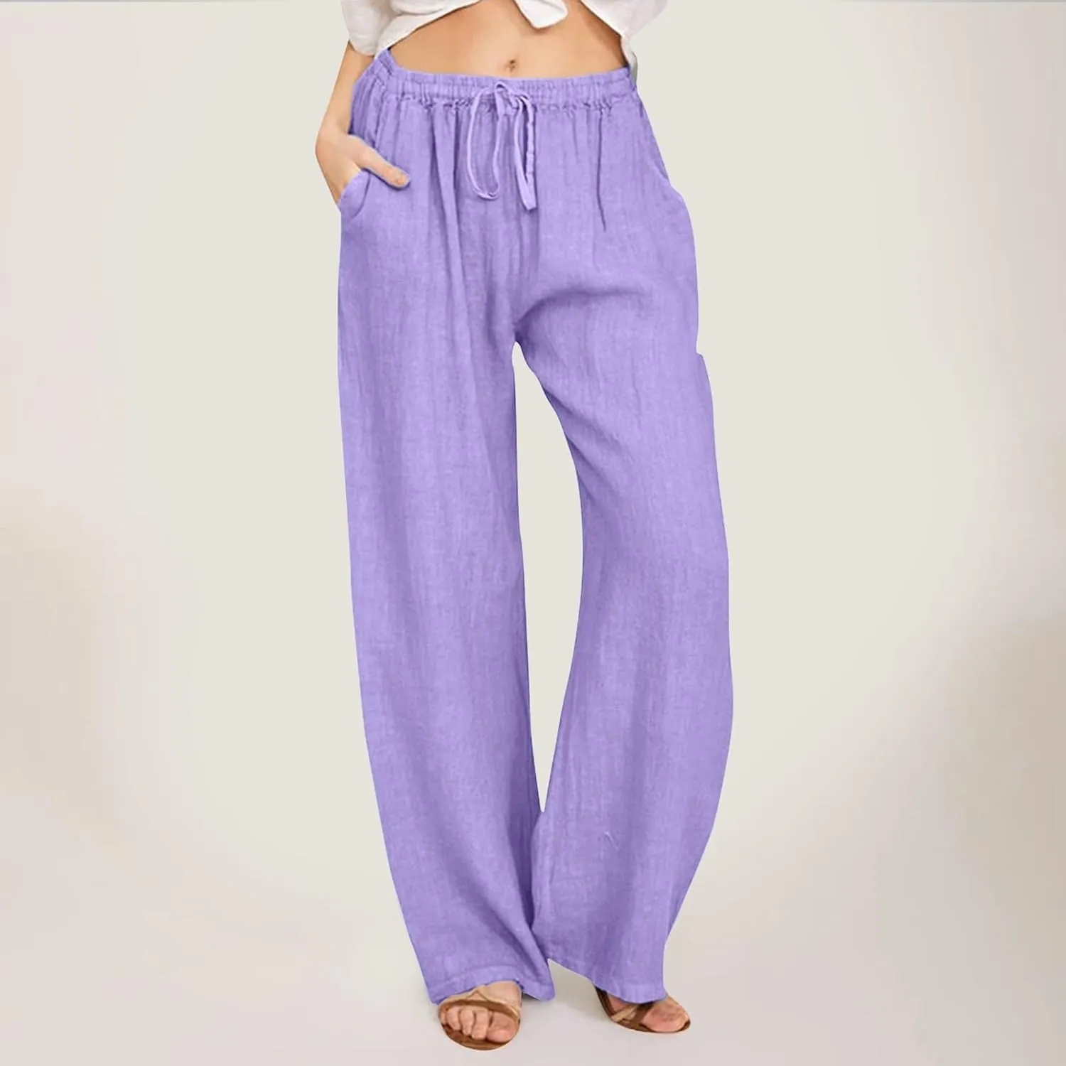 Women Linen Summer Boho Palazzo Lounge Pants Elastic Waisted Ankle Length Plus Size Trouser Work Business