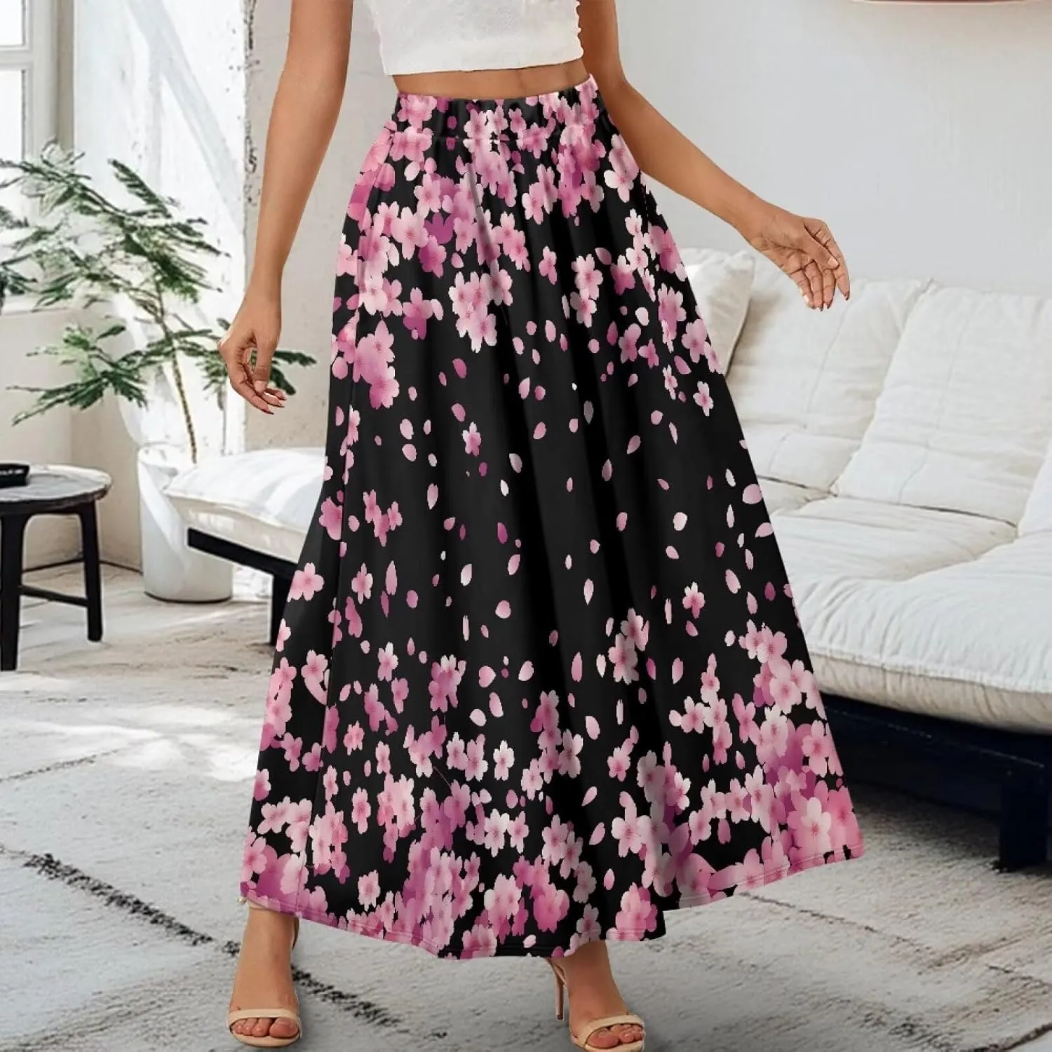 Women Long Skirts with Pockets Bohemian Casual Flowy High Waisted Ankle Length Maxi Skirt for Party Prom