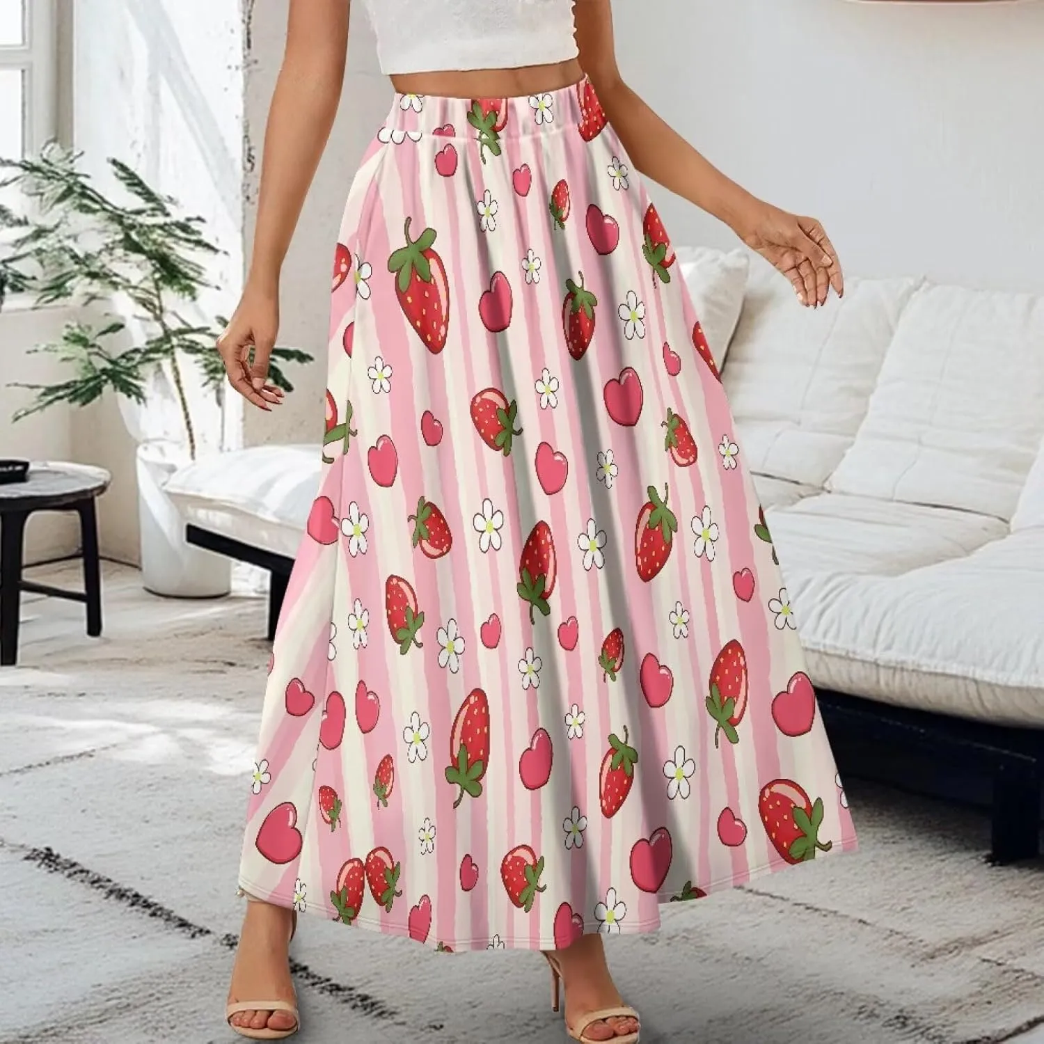 Women Long Skirts with Pockets Bohemian Casual Flowy High Waisted Ankle Length Maxi Skirt for Party Prom