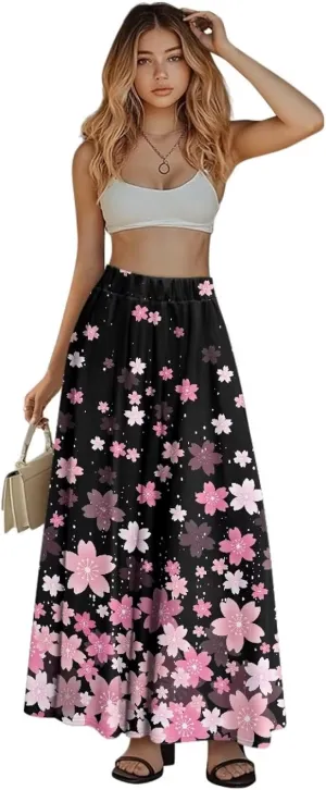 Women Long Skirts with Pockets Bohemian Casual Flowy High Waisted Ankle Length Maxi Skirt for Party Prom
