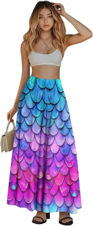 Women Long Skirts with Pockets Bohemian Casual Flowy High Waisted Ankle Length Maxi Skirt for Party Prom