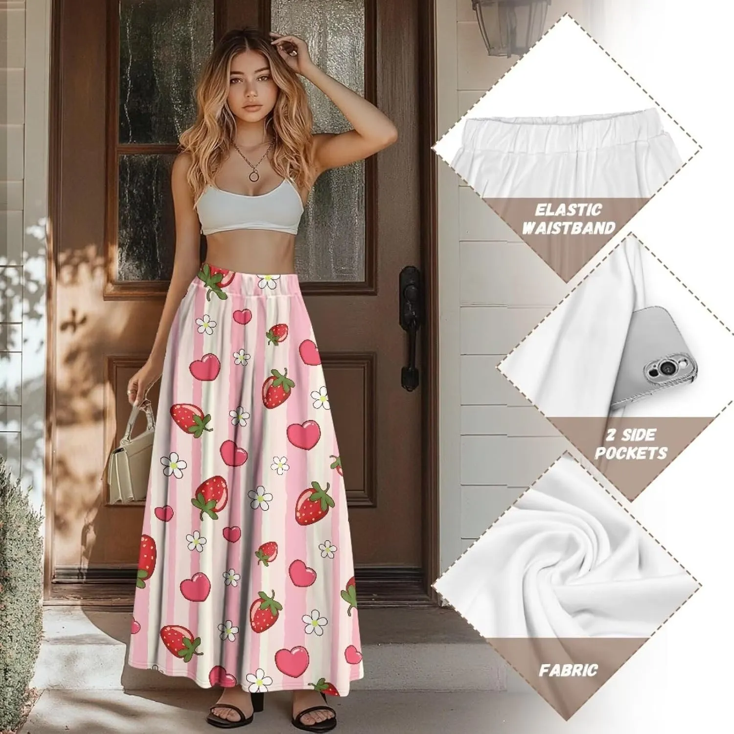 Women Long Skirts with Pockets Bohemian Casual Flowy High Waisted Ankle Length Maxi Skirt for Party Prom